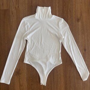 Ribbed Knit High Neck Long Sleeve Button Work Bodysuit